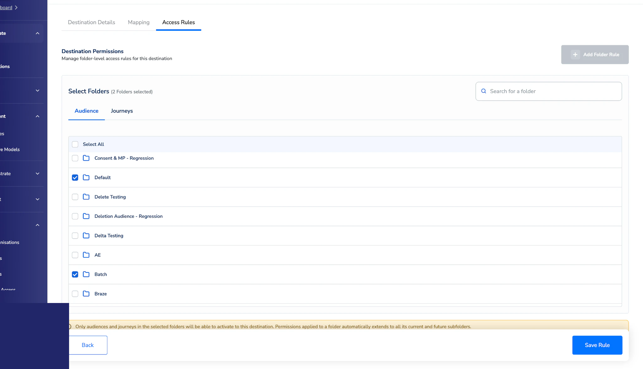 Select Folders dialog for a destination access rule.