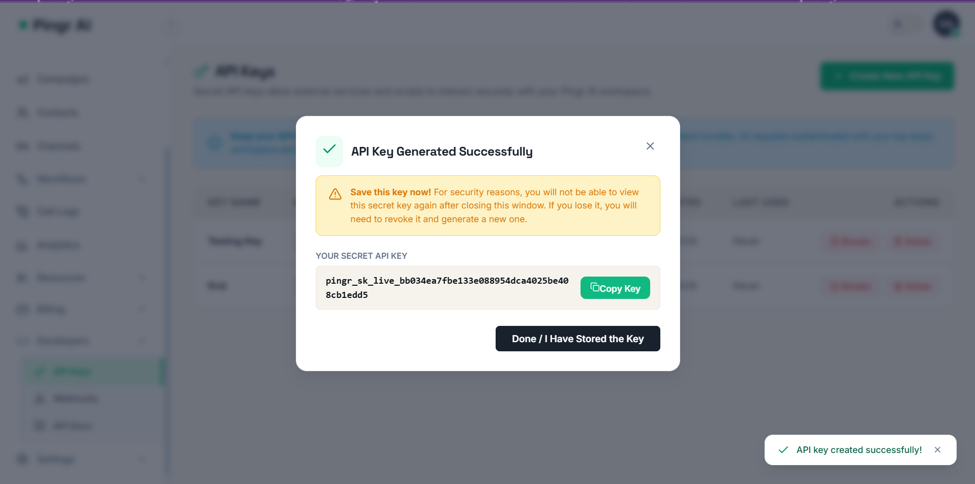 API Key Generated Successfully