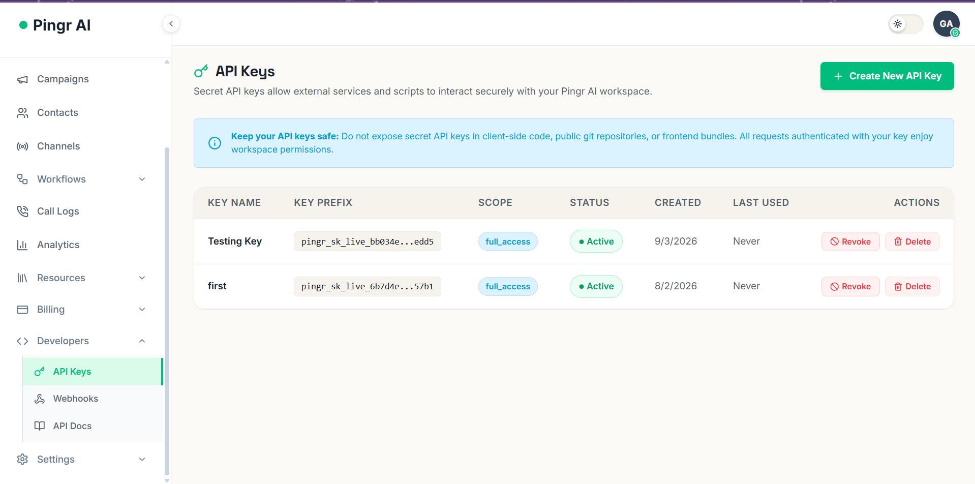 Pingr AI Developer API Keys Dashboard