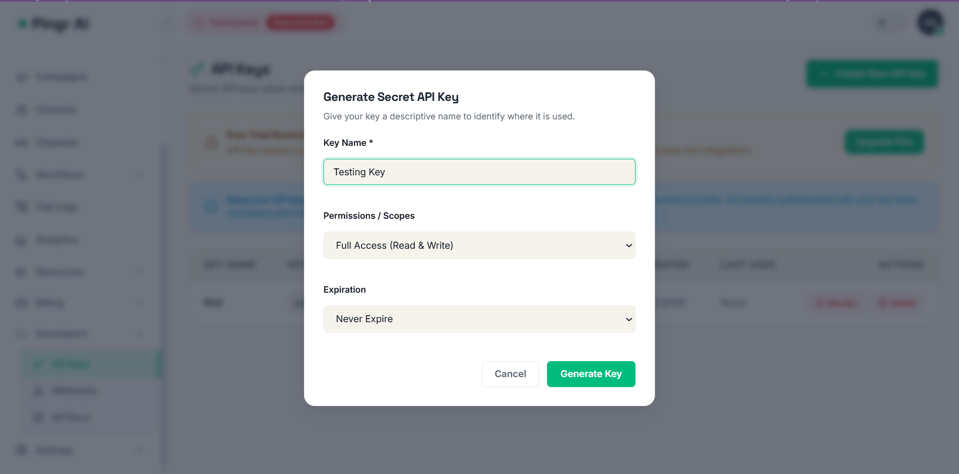 Generate Secret API Key Modal