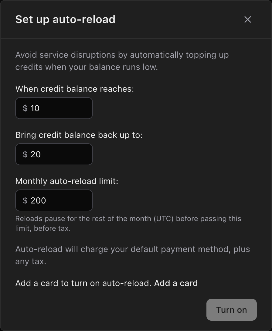 The Set up auto-reload window, with When credit balance reaches set to $10, Bring credit balance back up to set to $20, and a Monthly auto-reload limit of $200.