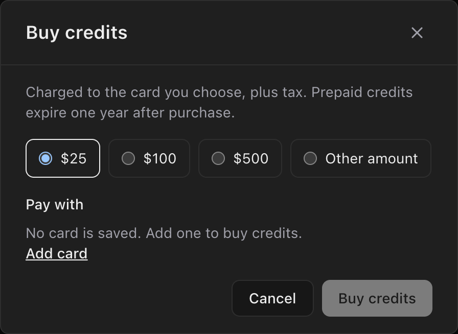The Buy credits window, with amounts of $25, $100, $500 or Other amount, a Pay with section and a Buy credits button.