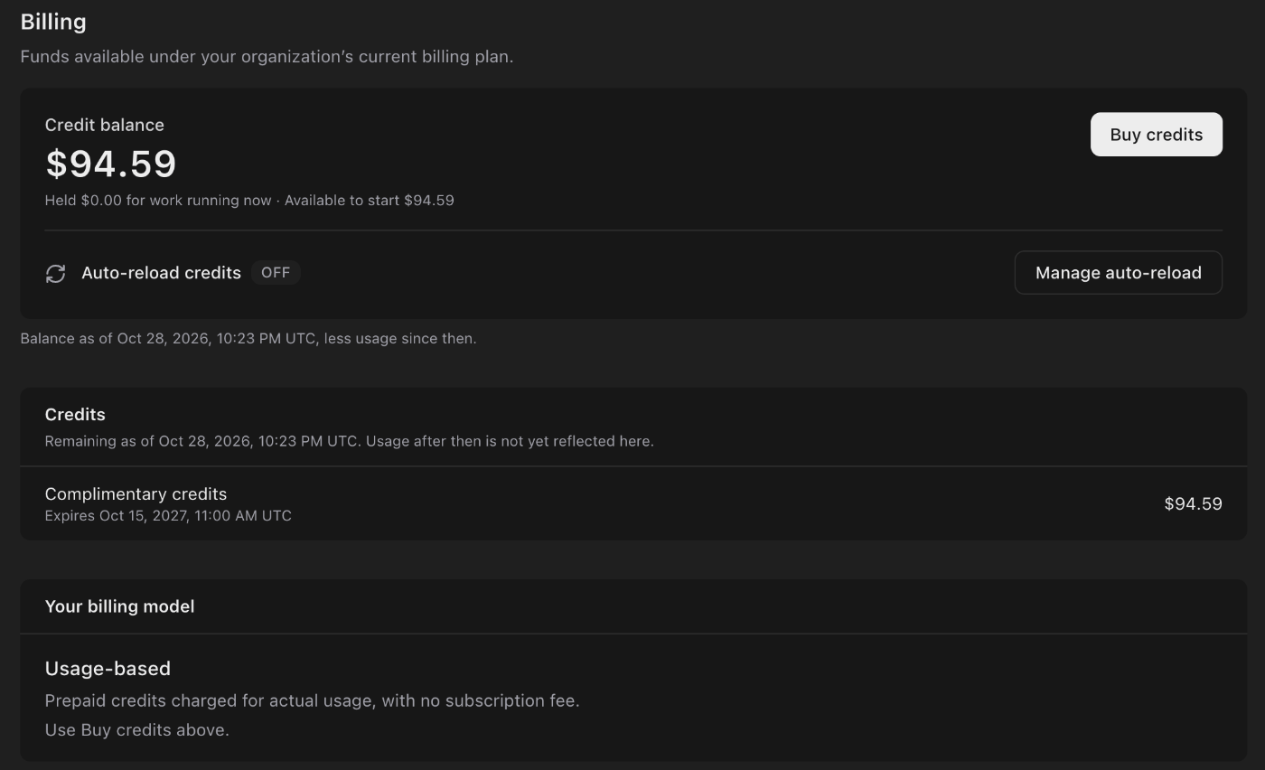 Settings, Billing: a credit balance of $94.59 with $0.00 held and $94.59 available to start, Buy credits, Auto-reload credits off, complimentary credits expiring Oct 15, 2027, and the Usage-based billing model.