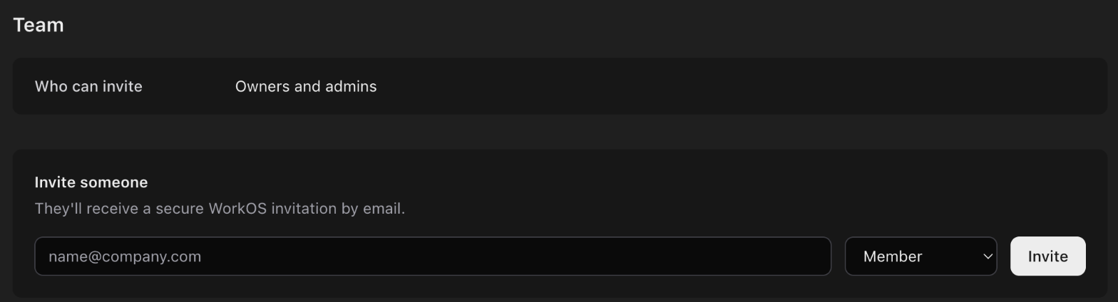 Settings, Team: Who can invite is set to Owners and admins, and an Invite someone form with an email field, a role menu set to Member and an Invite button.
