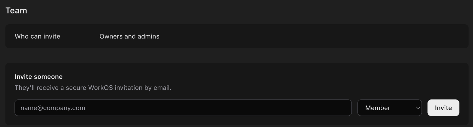 Settings, Team: Who can invite is set to Owners and admins, and an Invite someone form with an email field, a role menu set to Member and an Invite button.