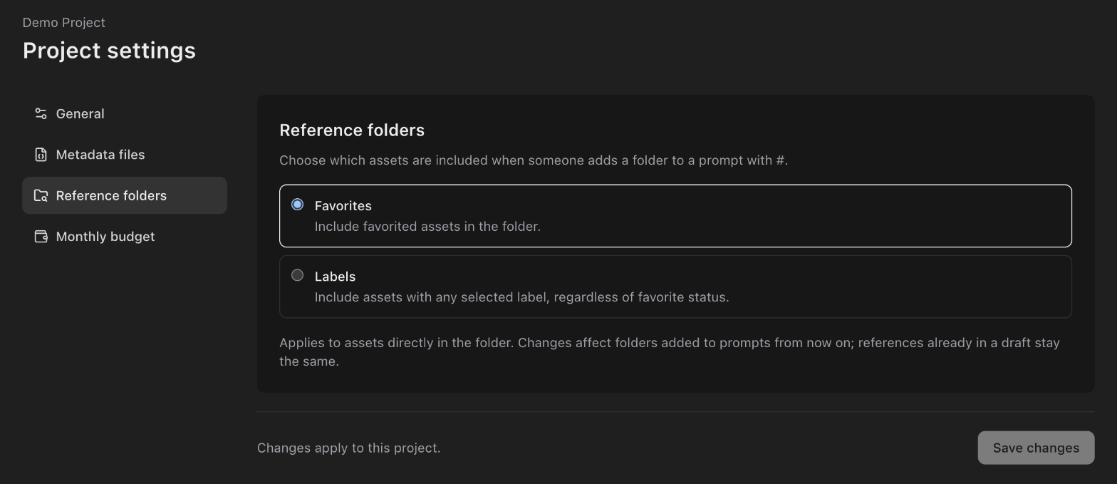 Project settings for Demo Project, with sections for General, Metadata files, Reference folders and Monthly budget, and Reference folders open with Favorites selected.