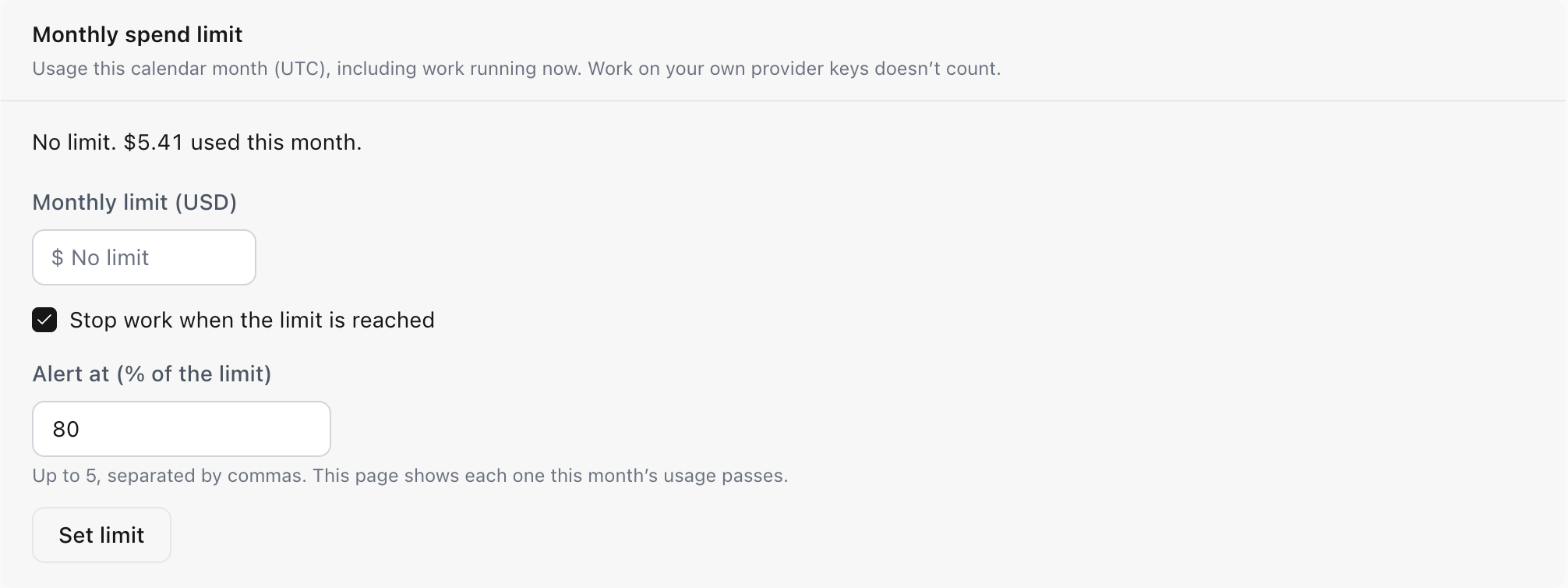 The Monthly spend limit settings: no limit set, $5.41 used this month, a Monthly limit field, Stop work when the limit is reached checked, and an alert at 80%.