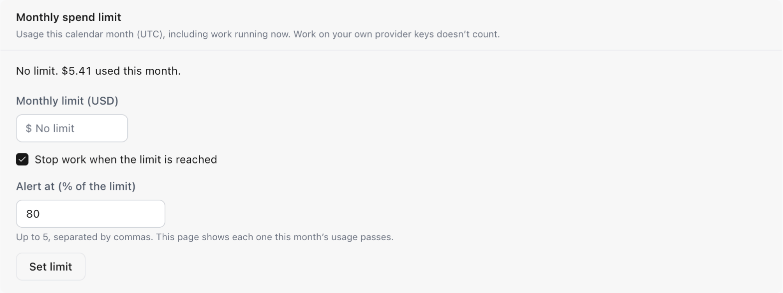 The Monthly spend limit settings: no limit set, $5.41 used this month, a Monthly limit field, Stop work when the limit is reached checked, and an alert at 80%.