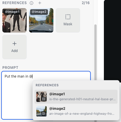 Two images in the References tray labeled @image1 and @image2, and the @ menu open under the prompt, listing both.