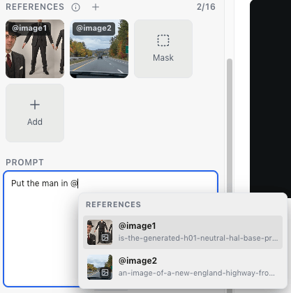 Two images in the References tray labeled @image1 and @image2, and the @ menu open under the prompt, listing both.