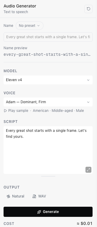 The audio generator with the Eleven v4 model, the voice Adam, a short script, and the Delivery and Format settings above the Generate button.