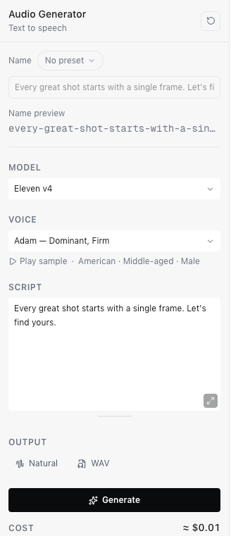 The audio generator with the Eleven v4 model, the voice Adam, a short script, and the Delivery and Format settings above the Generate button.