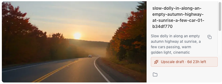 A finished Seedance draft of a sunrise over an autumn highway, with an Upscale draft button showing 6 days and 23 hours left.