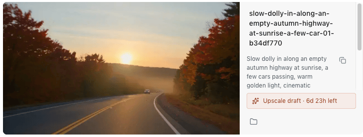 A finished Seedance draft of a sunrise over an autumn highway, with an Upscale draft button showing 6 days and 23 hours left.