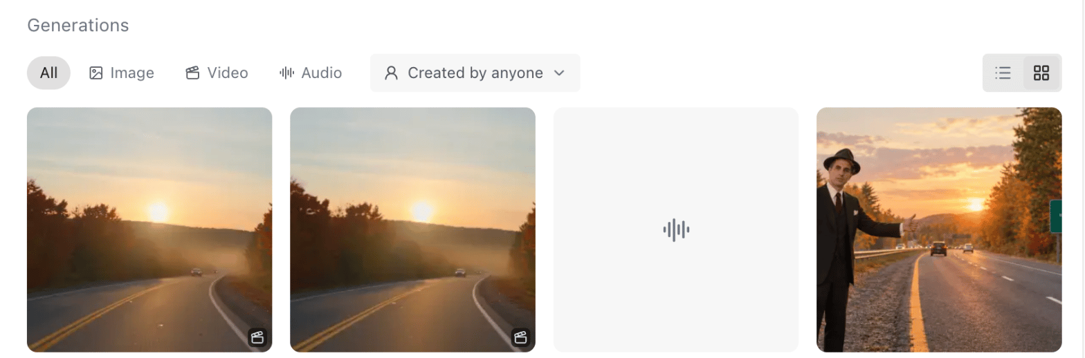 Generations in grid view, with filters for All, Image, Video and Audio, a Created by anyone menu, and buttons to switch between list and grid view.