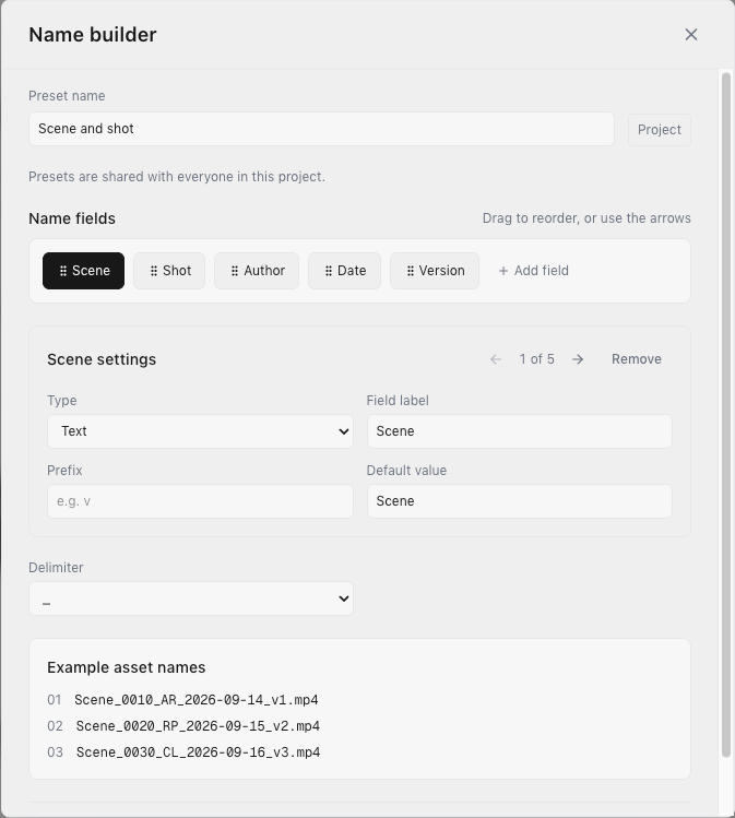 The Name builder, with a preset name, the fields Scene, Shot, Author, Date and Version, settings for the selected field, a delimiter, and example asset names.