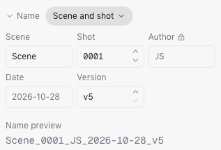 The Scene and shot preset selected, with Scene, Shot, Author, Date and Version fields and a name preview of Scene_0001_JS_2026-10-28_v5.