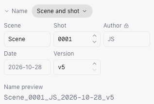 The Scene and shot preset selected, with Scene, Shot, Author, Date and Version fields and a name preview of Scene_0001_JS_2026-10-28_v5.