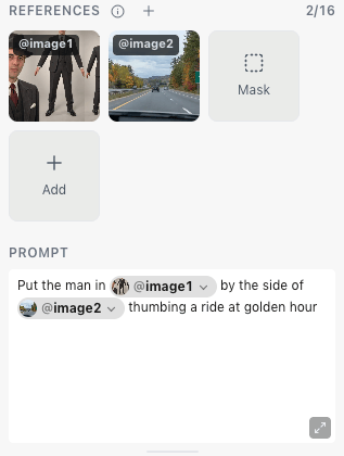 A prompt that reads: Put the man in @image1 by the side of @image2 thumbing a ride at golden hour, with each tag shown as a chip with a thumbnail.