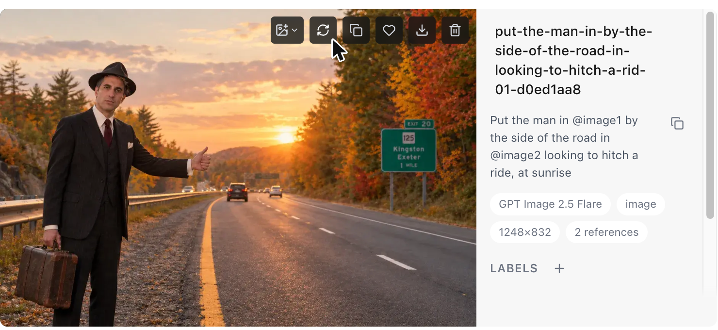 A generated image of a man hitchhiking in Generations, with its hover buttons: Use as, Reuse parameters, Copy prompt, Add to favorites, Download and Delete. The pointer is on Reuse parameters.