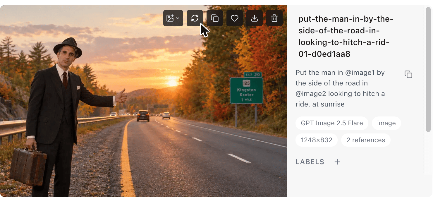 A generated image of a man hitchhiking in Generations, with its hover buttons: Use as, Reuse parameters, Copy prompt, Add to favorites, Download and Delete. The pointer is on Reuse parameters.