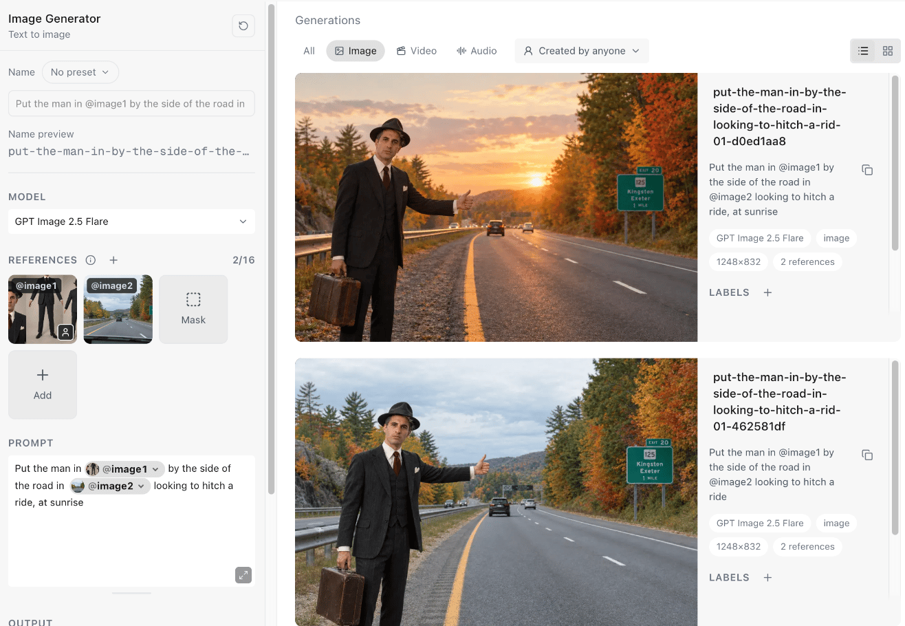 After Reuse parameters, the Image Generator shows GPT Image 2.5 Flare, the two references as @image1 and @image2, and the prompt that made the hitchhiking image beside it.