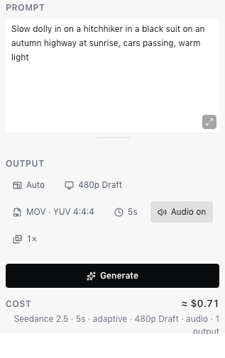 A video prompt above the Output settings, set to Auto, 480p Draft, MOV · YUV 4:4:4, 5 seconds, audio on and one output, with a cost estimate of about $0.71.