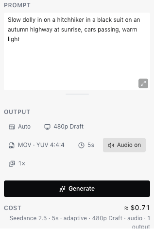 A video prompt above the Output settings, set to Auto, 480p Draft, MOV · YUV 4:4:4, 5 seconds, audio on and one output, with a cost estimate of about $0.71.