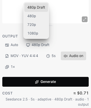 The Resolution menu open on Seedance 2.5's Output settings, showing 480p Draft, 480p, 720p and 1080p, with a cost estimate of about $0.71 for a 5-second draft.