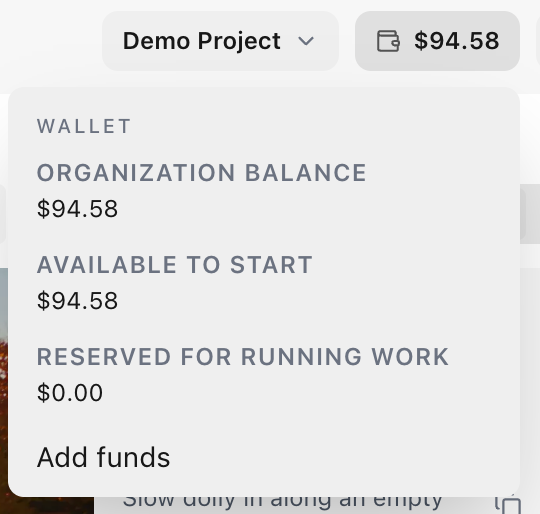 The balance open under Wallet, showing the organization balance, the amount available to start and the amount reserved for running work, with Add funds below.