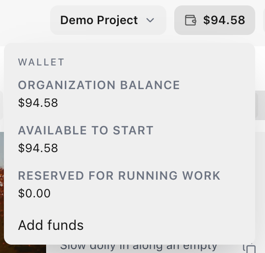 The balance open under Wallet, showing the organization balance, the amount available to start and the amount reserved for running work, with Add funds below.
