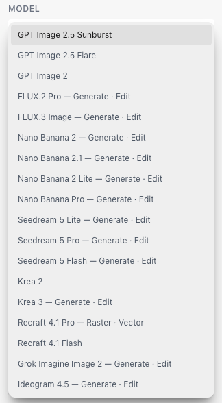 The Model menu open in the image generator, listing image models such as GPT Image 2.5 Sunburst, FLUX.3 Image and Nano Banana Pro.
