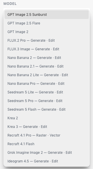 The Model menu open in the image generator, listing image models such as GPT Image 2.5 Sunburst, FLUX.3 Image and Nano Banana Pro.