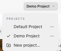 The project menu open, listing Default Project and Demo Project.