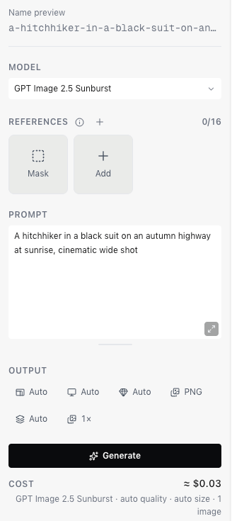The image generator with a prompt typed in, the Output settings, the Generate button and a cost estimate of about $0.03.
