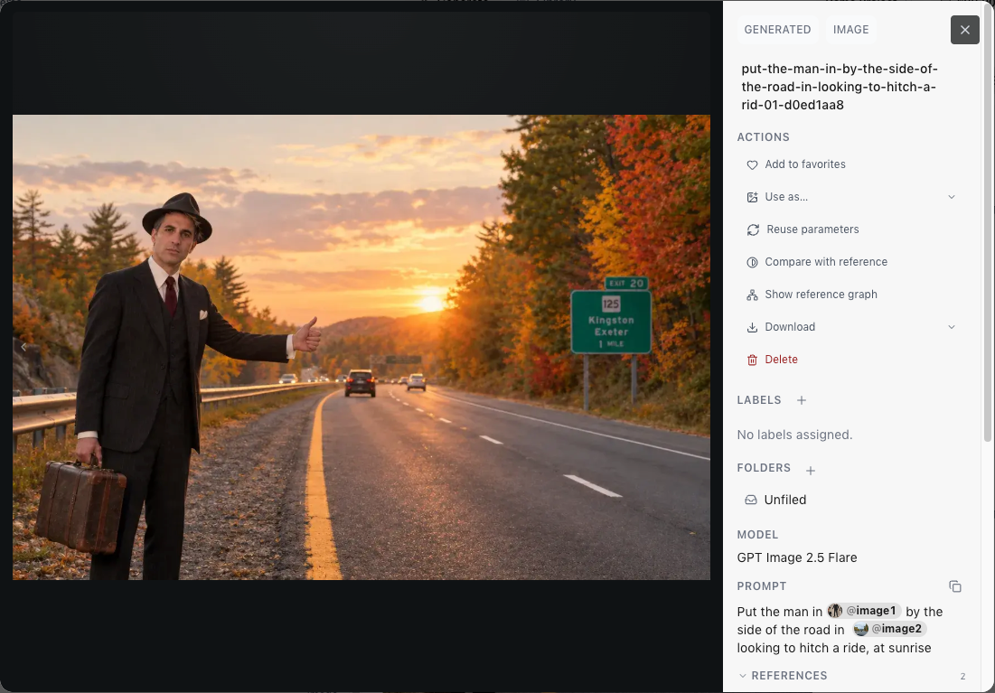 A generated image of a man hitchhiking on an autumn highway, open in the viewer, with actions such as Add to favorites, Reuse parameters and Download, and its labels, folders, model and a prompt that uses @ tags.