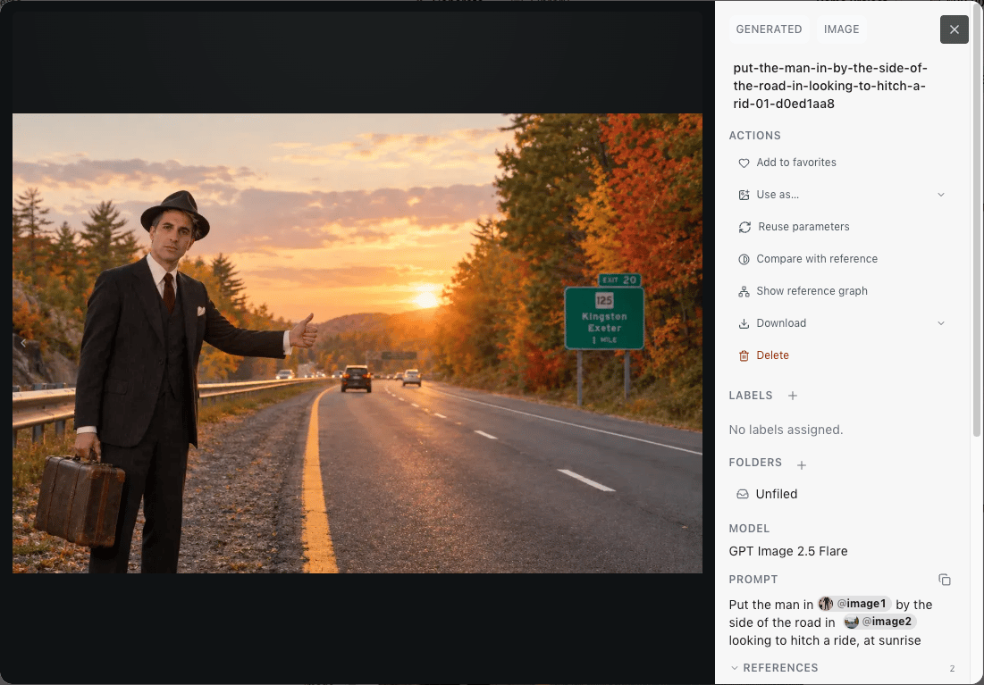 A generated image of a man hitchhiking on an autumn highway, open in the viewer, with actions such as Add to favorites, Reuse parameters and Download, and its labels, folders, model and a prompt that uses @ tags.
