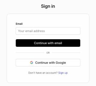The ZeroGen sign-in page, with an email field, a Continue with email button, a Continue with Google button and a Sign up link.