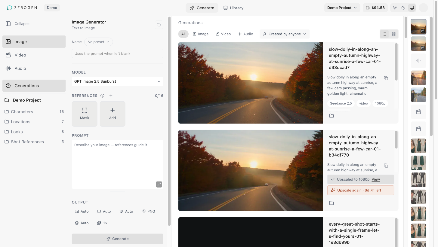 The Generate page: the top bar, the sidebar with Image, Video, Audio, Generations and the project's folders, the image generator, and Generations with two Seedance videos of an autumn highway at the top.