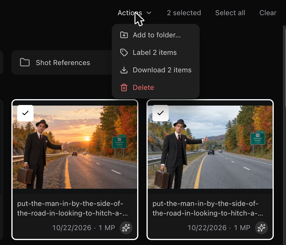 Two selected images, with the Actions menu open showing Add to folder, Label 2 items, Download 2 items and Delete.