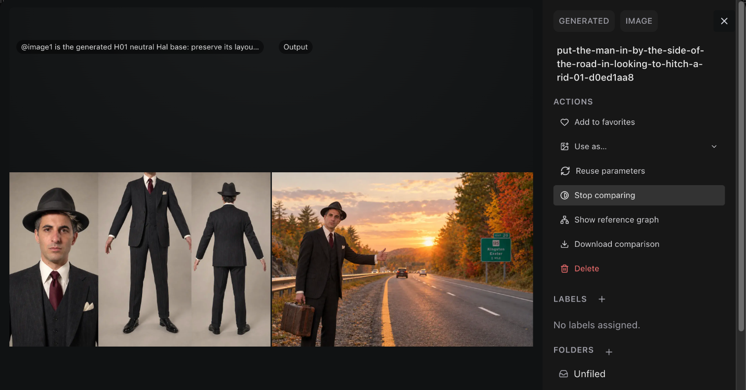 Compare with reference, showing a character sheet of a man in a suit beside the generated image of him hitchhiking, with Stop comparing and Download comparison in the actions.