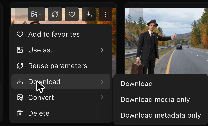 An asset's menu with Download open, offering Download, Download media only and Download metadata only.