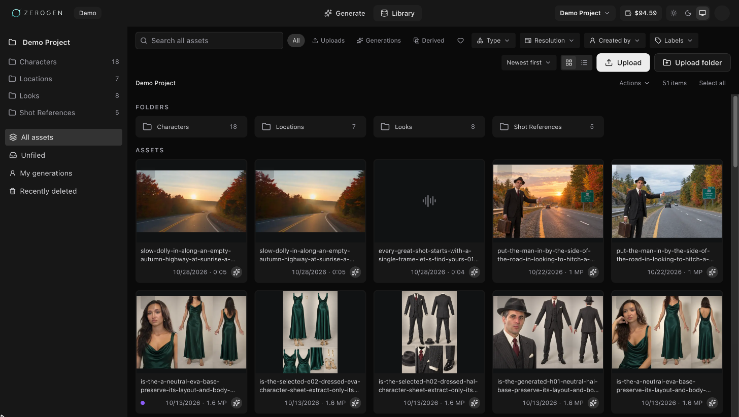 The Library in grid view, with the project's folders in the sidebar, a search box, filters for origin, type, resolution, creator and labels, and a grid of generated images and videos.
