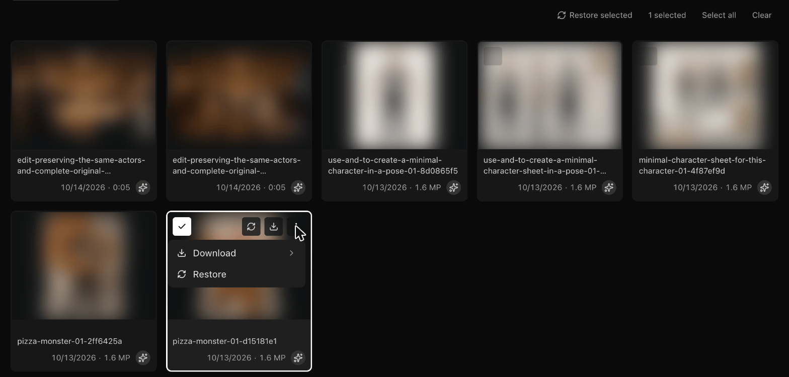 Recently deleted, with one asset selected, its menu open showing Download and Restore, and Restore selected in the toolbar. The thumbnails are blurred.