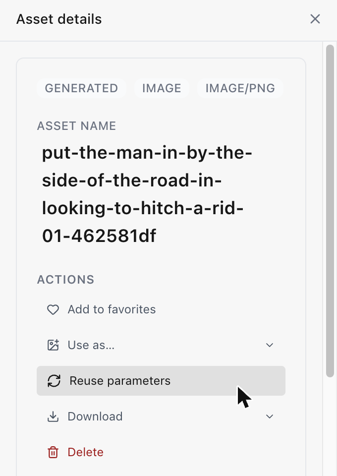 The Asset details panel for a generated image, with Reuse parameters highlighted under Actions.