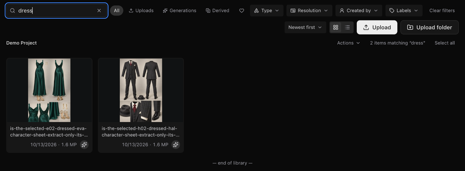 A search for dress, showing 2 items matching dress: character sheets of a green dress and a suit.