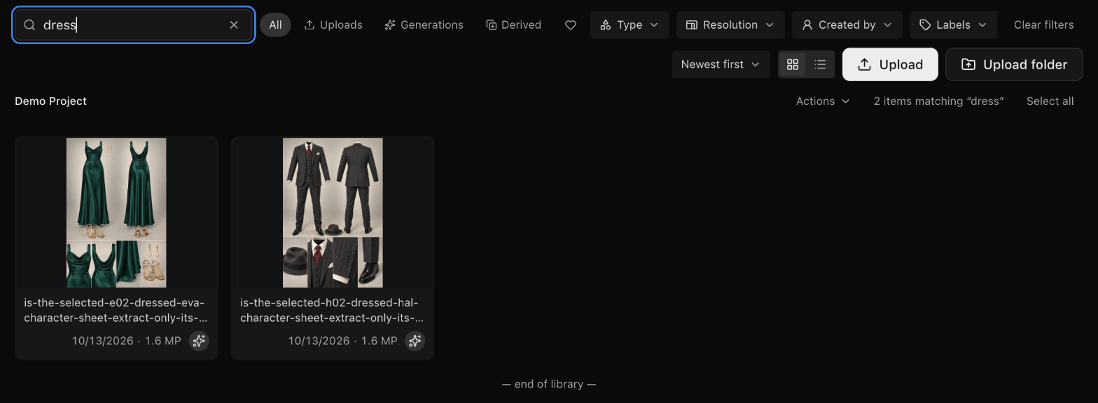 A search for dress, showing 2 items matching dress: character sheets of a green dress and a suit.