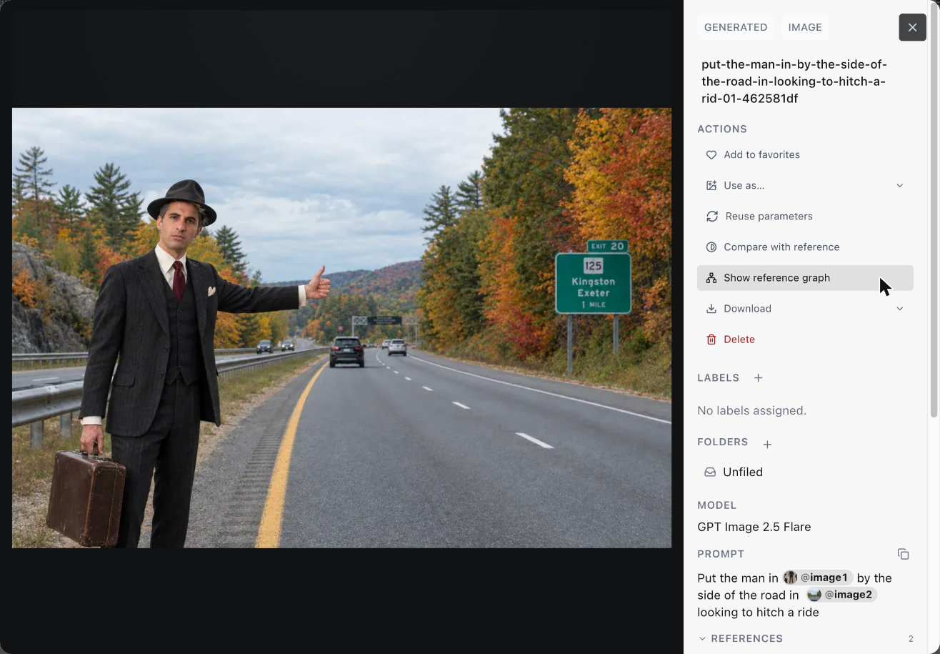 A generated image of a man hitchhiking open in the viewer, with Show reference graph highlighted in the actions.