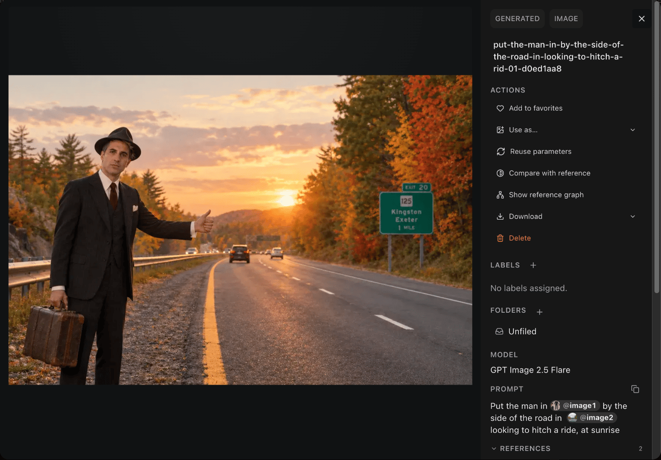 A generated image of a man hitchhiking on an autumn highway open in the viewer, with actions such as Use as, Reuse parameters, Compare with reference, Show reference graph, Download and Delete, and its labels, folders, model and prompt.