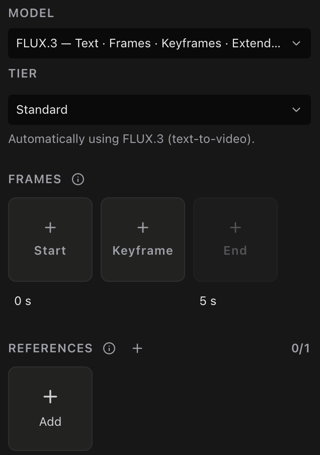 FLUX.3 selected in the video generator, with the Standard tier and Frames slots for Start at 0 s, Keyframe and End at 5 s, and one References slot.
